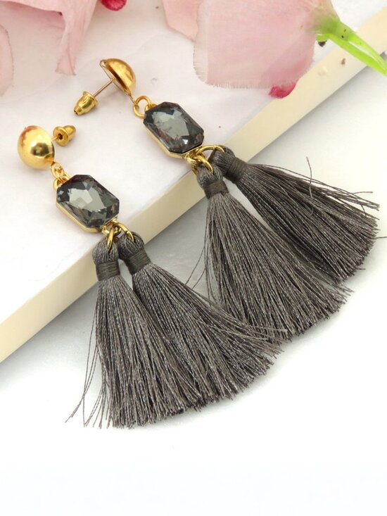 Jewelry - Fashion Women Grey Tassel Drop Earrings with Crystal Stone & Gold Plated Stud